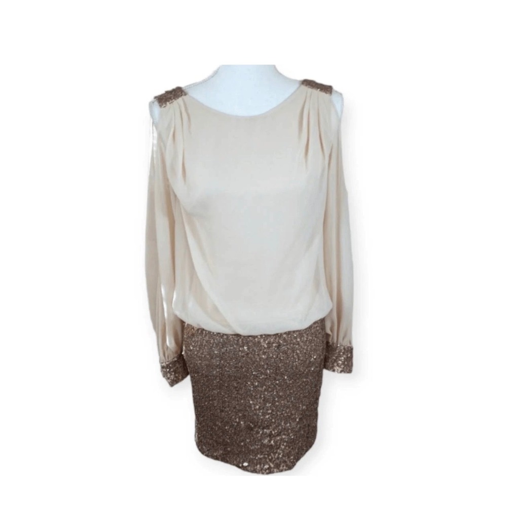 Cache Women‎ Rose Gold Sequin Cold Shoulder Blouson Cocktail Dress Size 10